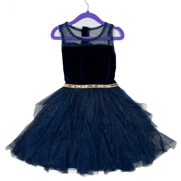 Nicole Miller Girls' Navy Velvet Sparkle and Tiered Tule Ruffles Dress Size 5 - Picture 1 of 7